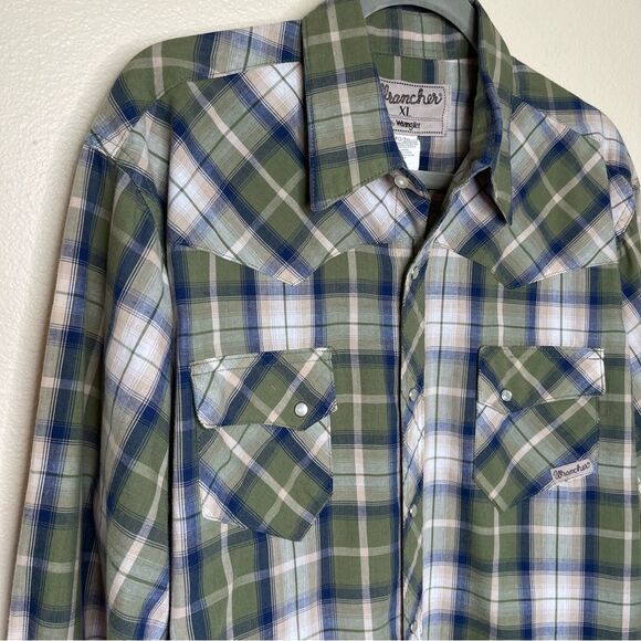 Wrangler Wrancher Green Blue Plaid Pearl Snap Long Sleeve Western Shirt Men XL - Picture 2 of 11
